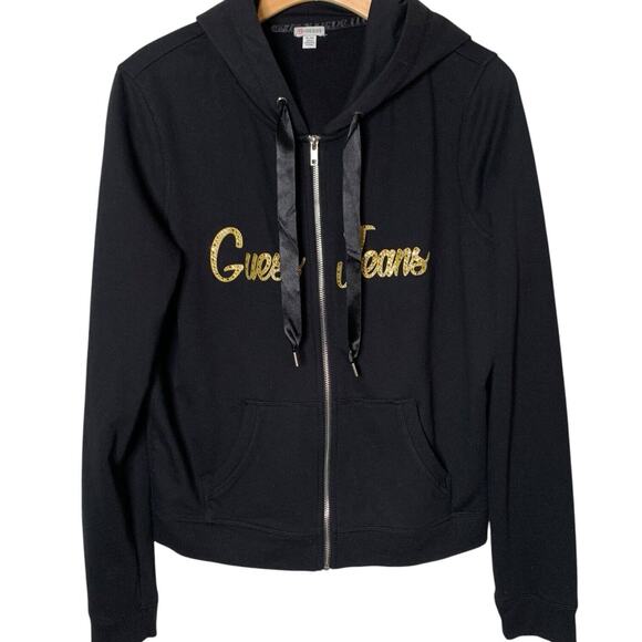 Guess Jeans Hoodie Women's X-Large Full Zip Rhinestone Embellished Spell Out - Picture 2 of 9